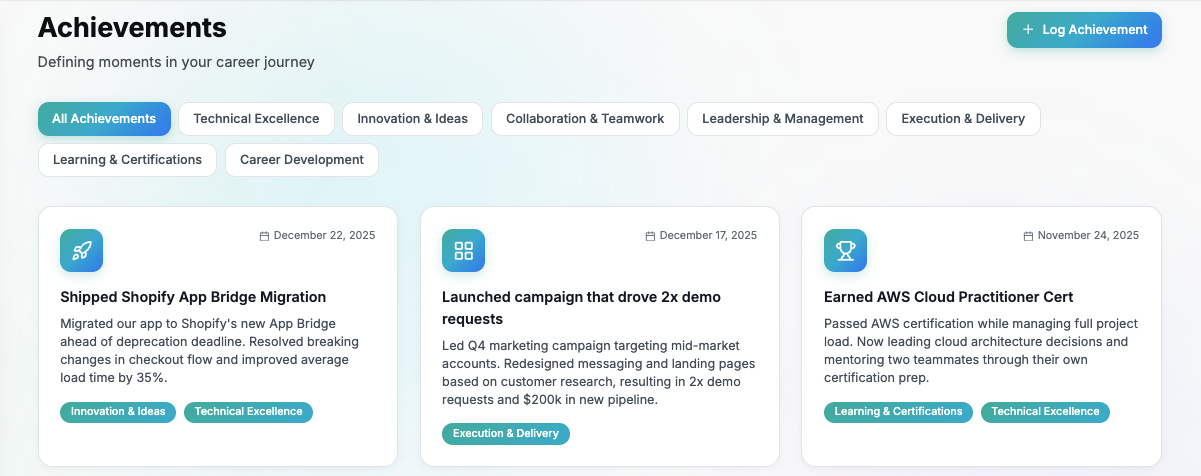 Achievements list - your wins over time, ready when you need them